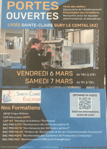 PORTES OUVERTES 6 et 7 mars – Lycée Sainte-Claire (Sury-le-Comtal)